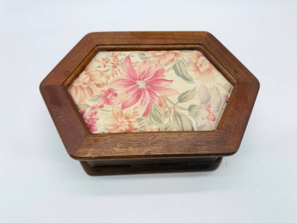 Vintage Wooden Jewelry Box Floral Fabric Lid Mirror Ring Storage Organizer